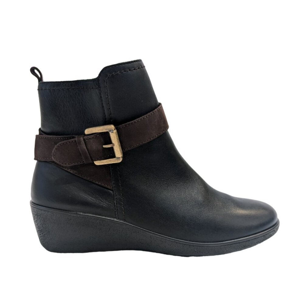 HOTTER Leather Two-Tone Wedge Booties 9 Plymouth Black Brown Gold Classic